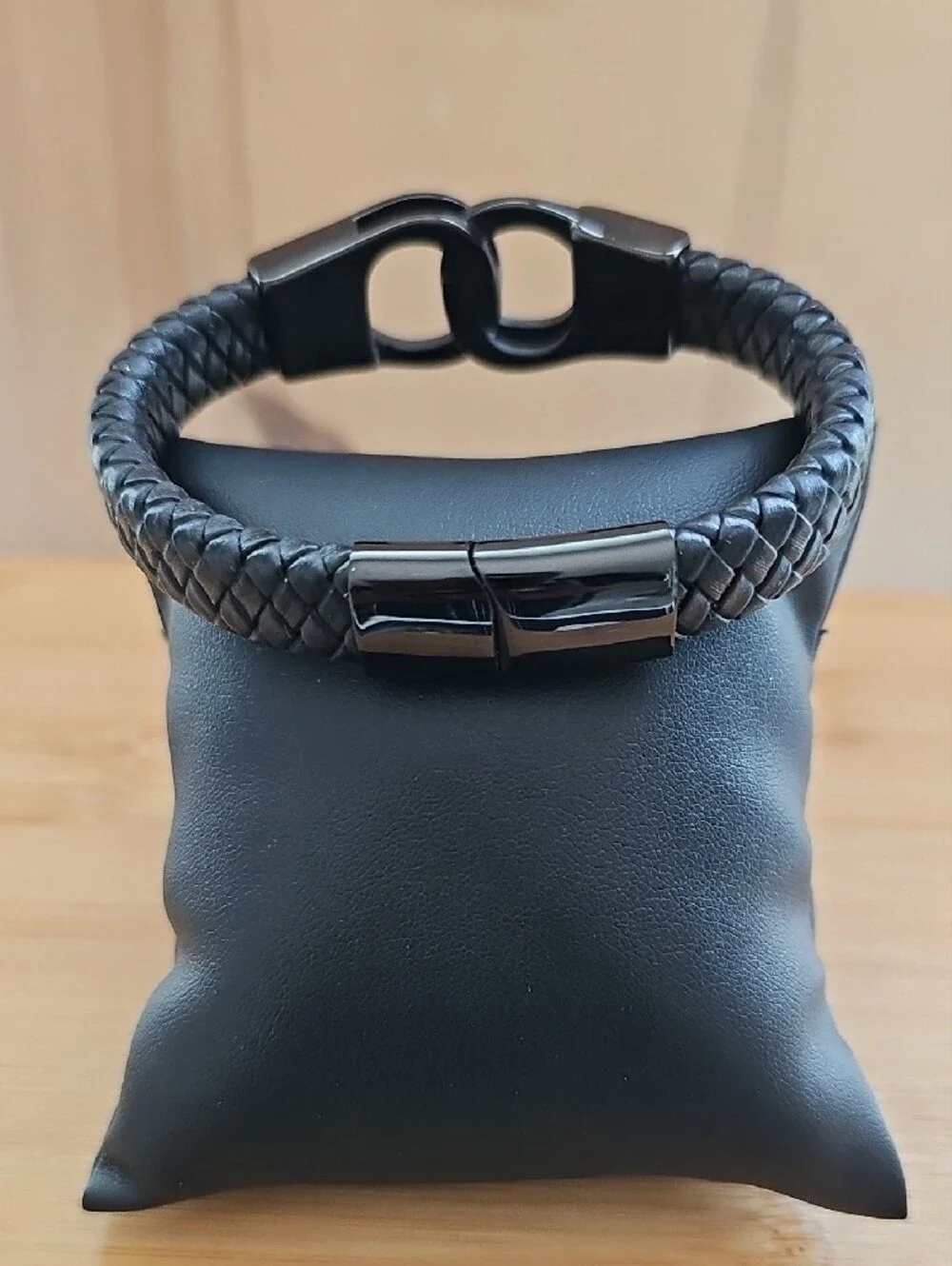 Men's Black Braided Genuine Leather Stainless Steel Bracelet with Magnetic Clasp